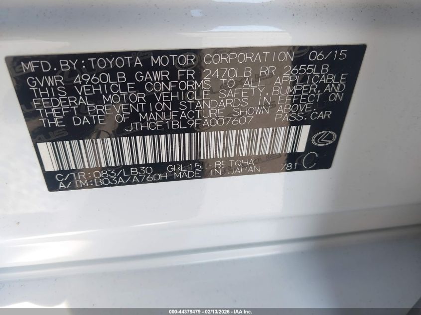 2015 Lexus Gs 350 VIN: JTHCE1BL9FA007607 Lot: 44379479