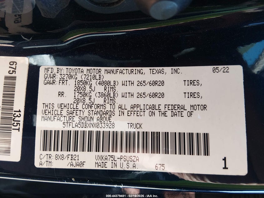 2022 Toyota Tundra Sr5 VIN: 5TFLA5DBXNX033928 Lot: 44379481