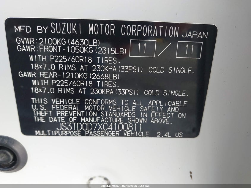 2012 Suzuki Grand Vitara Limited VIN: JS3TD0D7XC4100811 Lot: 44379667