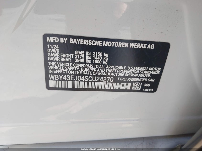 2025 BMW I7 Edrive50 VIN: WBY43EJ04SCU24270 Lot: 44379695