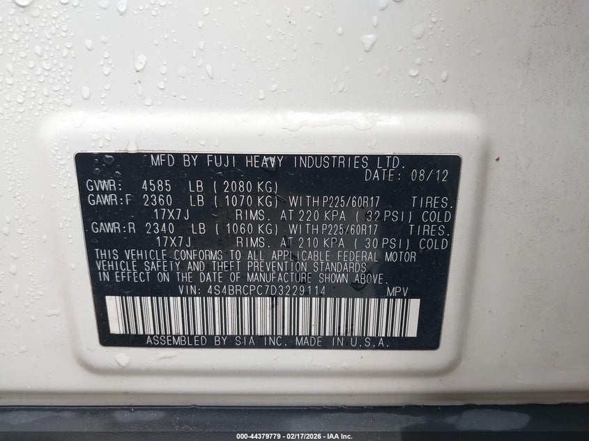 2013 Subaru Outback 2.5I Limited VIN: 4S4BRCPC7D3229114 Lot: 44379779