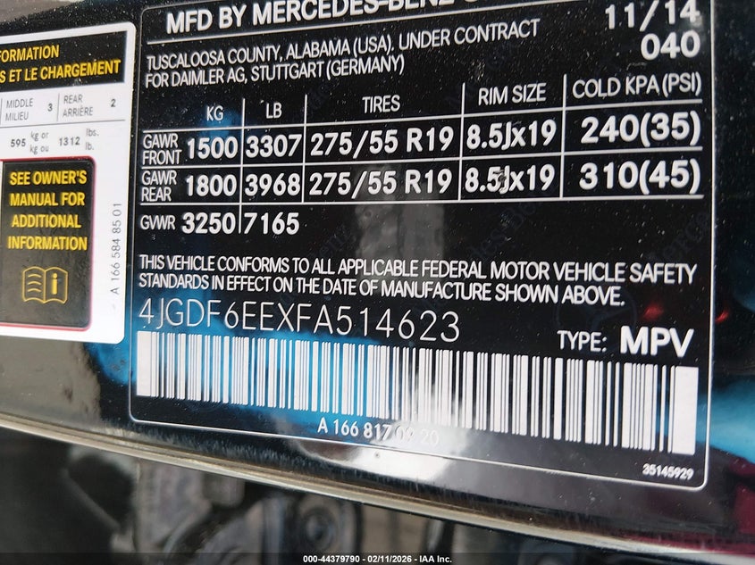 2015 Mercedes-Benz Gl 450 4Matic VIN: 4JGDF6EEXFA514623 Lot: 44379790