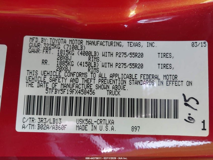 2015 Toyota Tundra Limited 5.7L V8 VIN: 5TFBY5F19FX458456 Lot: 44379811