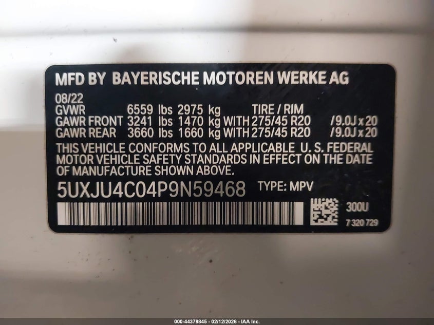 BMW X5 2023 VIN 5UXJU4C04P9N59468