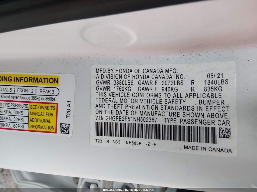 2022 Honda Civic Sport VIN: 2HGFE2F51NH502367 Lot: 44379887