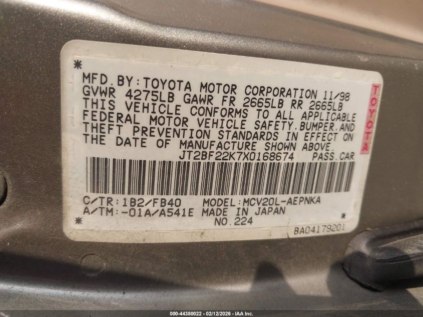 1999 Toyota Camry Le V6 VIN: JT2BF22K7X0168674 Lot: 44380022