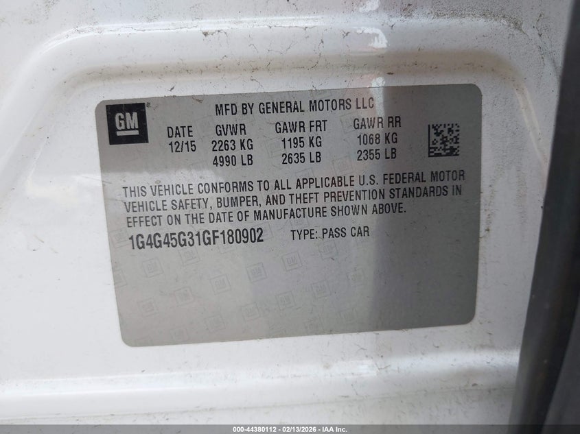 2016 Buick Lacrosse Sport Touring VIN: 1G4G45G31GF180902 Lot: 44380112