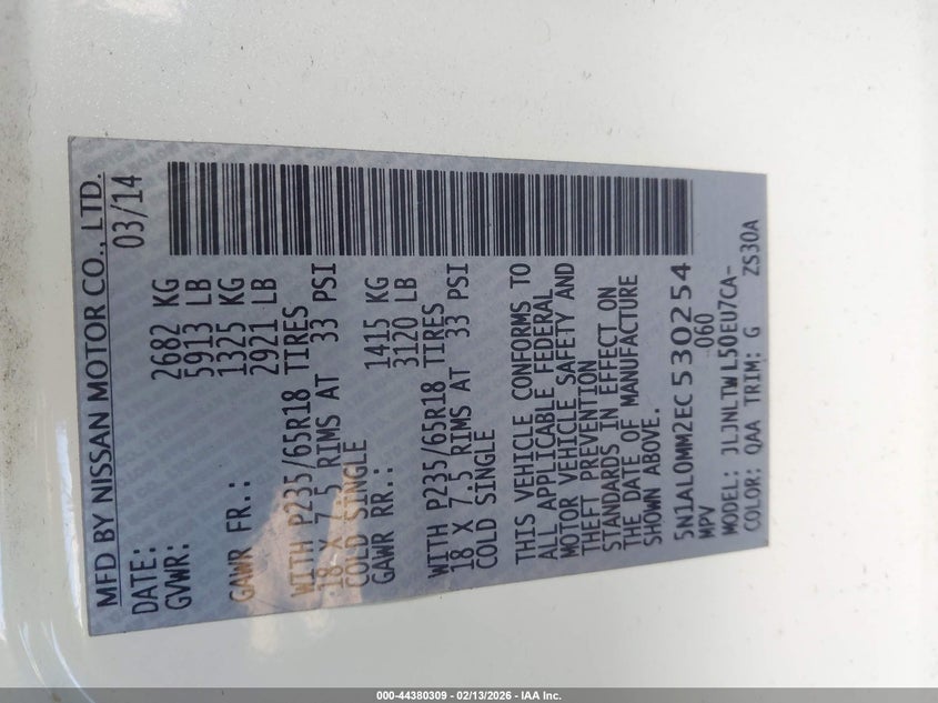 2014 Infiniti Qx60 VIN: 5N1AL0MM2EC530254 Lot: 44380309