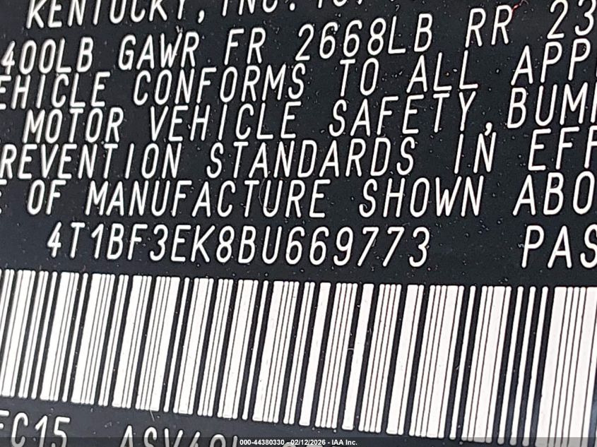 2011 Toyota Camry Se VIN: 4T1BF3EK8BU669773 Lot: 44380330