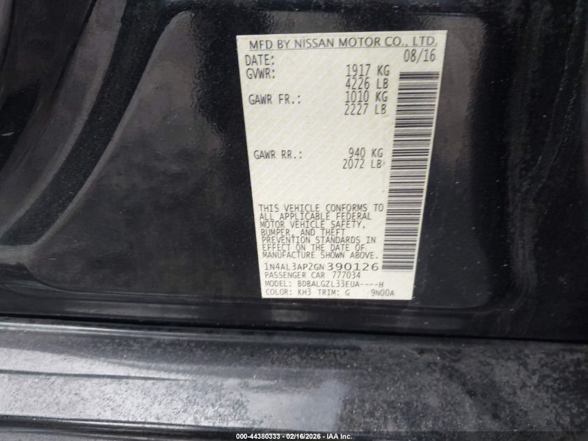 2016 Nissan Altima 2.5 S VIN: 1N4AL3AP2GN390126 Lot: 44380333