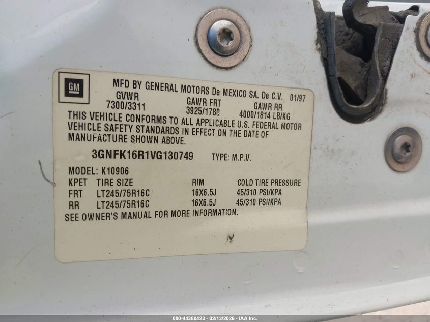 1997 Chevrolet Suburban 1500 VIN: 3GNFK16R1VG130749 Lot: 44380423
