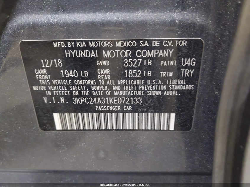 VIN 3KPC24A31KE072133 2019 HYUNDAI ACCENT SE