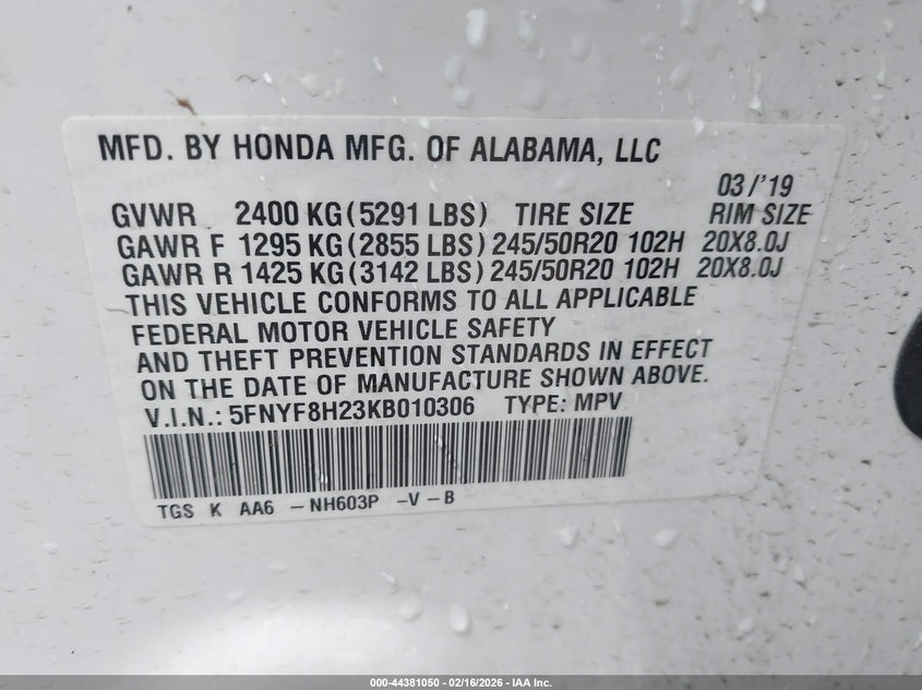 VIN 5FNYF8H23KB010306 2019 HONDA PASSPORT SPORT