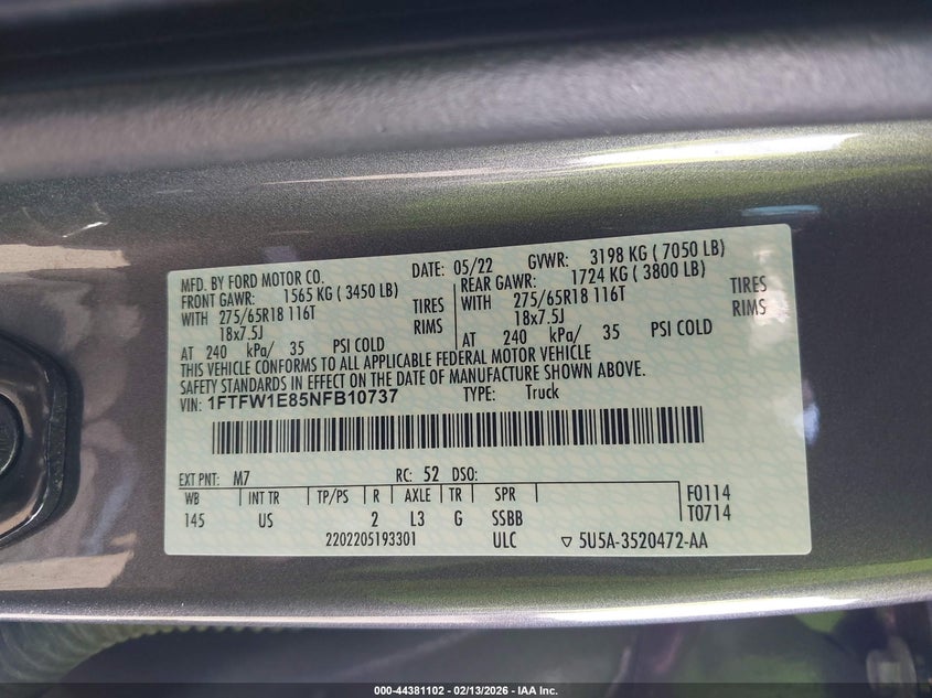 2022 Ford F-150 Xlt VIN: 1FTFW1E85NFB10737 Lot: 44381102