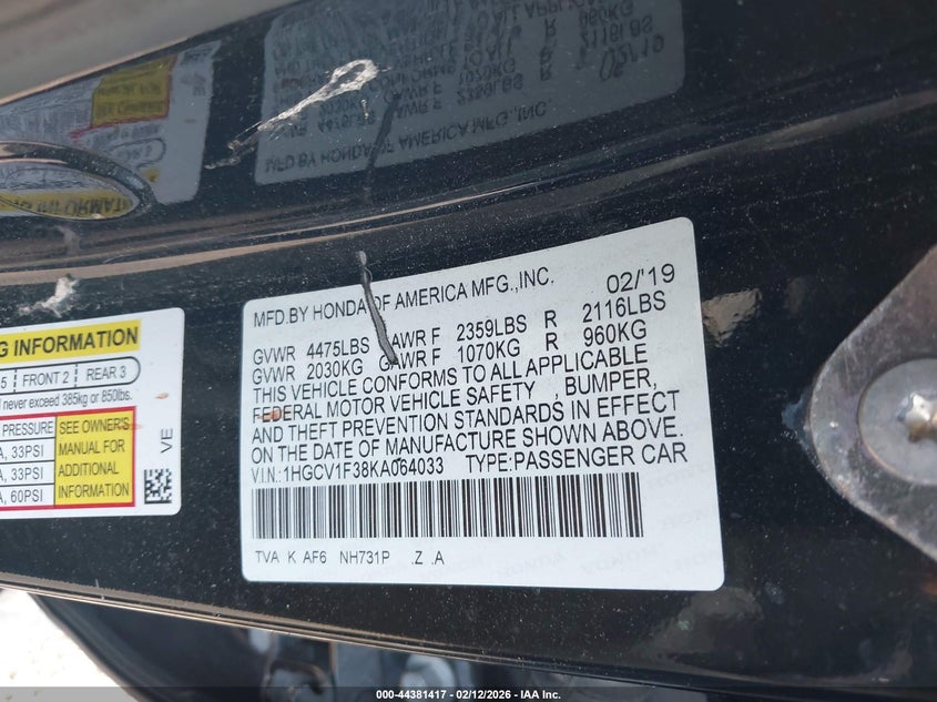 VIN 1HGCV1F38KA064033 2019 HONDA ACCORD SPORT