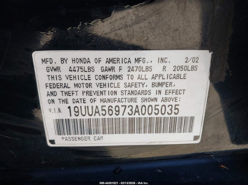 2003 Acura Tl 3.2 Type S VIN: 19UUA56973A005035 Lot: 44381521