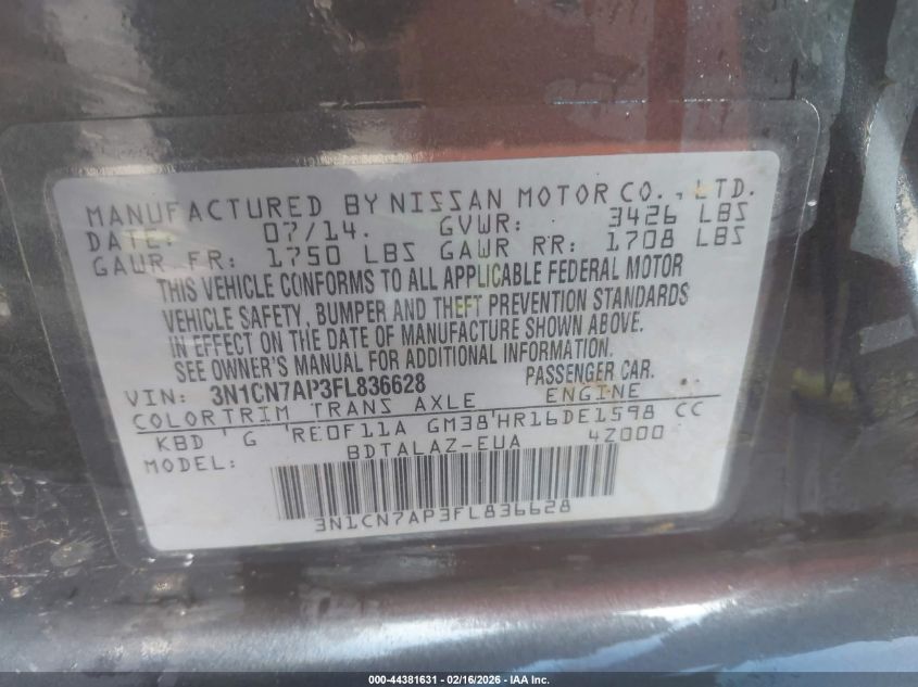 2015 Nissan Versa 1.6 S+ VIN: 3N1CN7AP3FL836628 Lot: 44381631