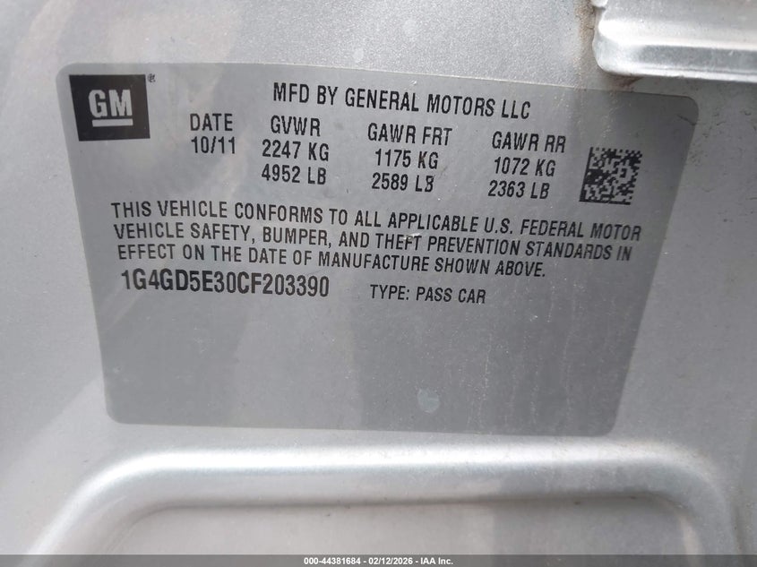 2012 Buick Lacrosse 3.6 Lacrosse Premium 1 Group silver Lot 111044381684 Vin 1G4GD5E30CF203390