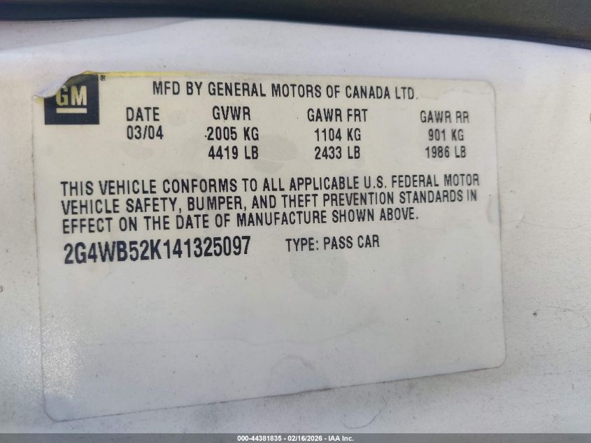 2004 Buick Regal Ls VIN: 2G4WB52K141325097 Lot: 44381835