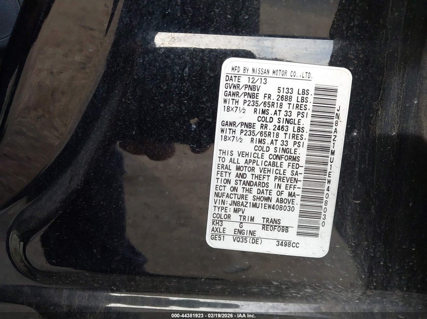 2014 Nissan Murano Le/S/Sl/Sv VIN: JN8AZ1MU1EW408030 Lot: 44381923