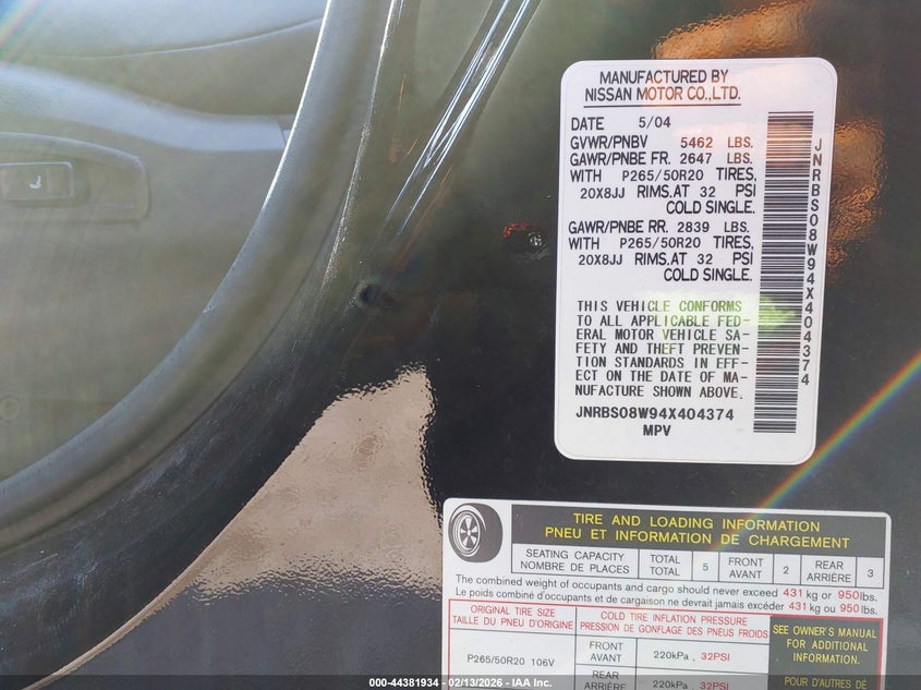 2004 Infiniti Fx45 VIN: JNRBS08W94X404374 Lot: 44381934