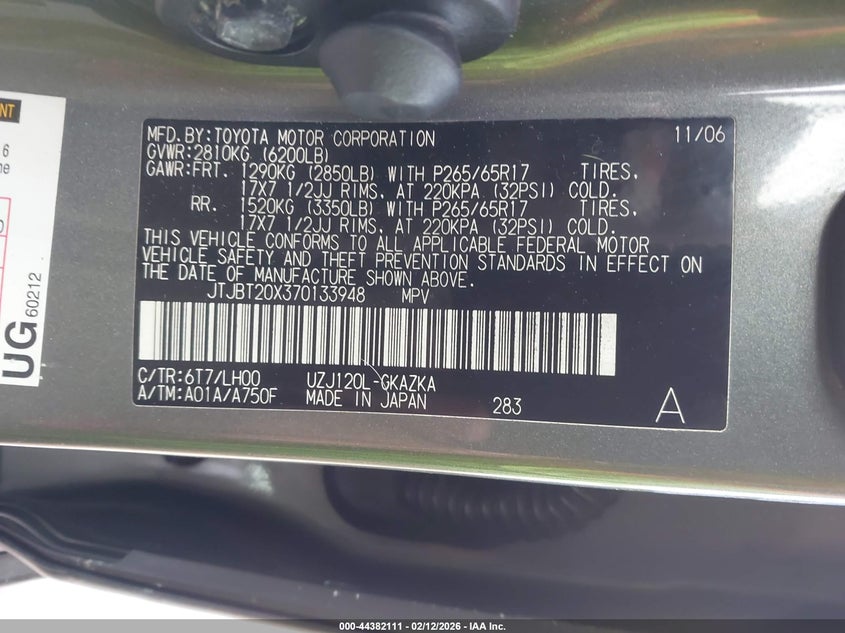 2007 Lexus Gx 470 VIN: JTJBT20X370133948 Lot: 44382111