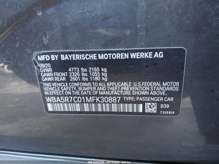 2021 BMW 330I xDrive VIN: WBA5R7C01MFK30887 Lot: 44382288