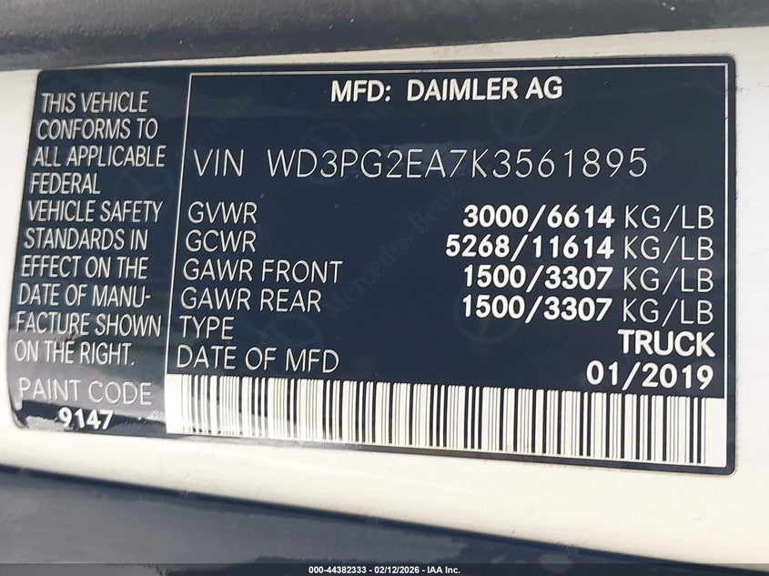 2019 Mercedes-Benz Metris VIN: WD3PG2EA7K3561895 Lot: 44382333