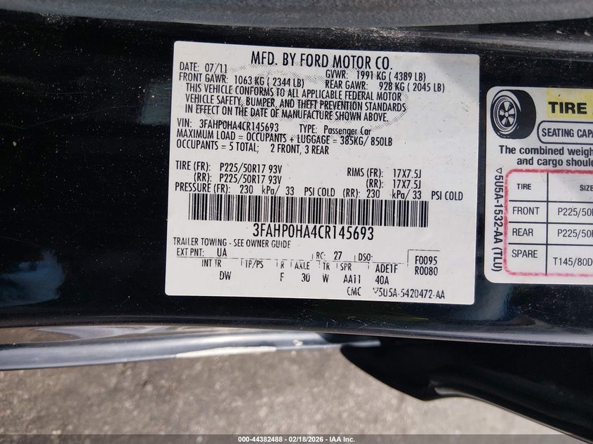 2012 Ford Fusion Se VIN: 3FAHP0HA4CR145693 Lot: 44382488
