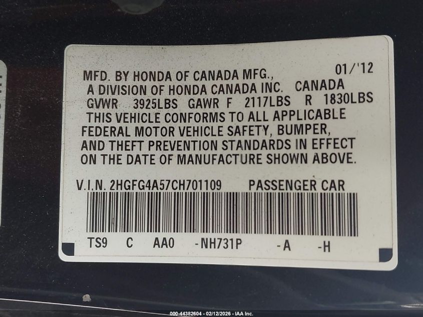 2012 Honda Civic Si VIN: 2HGFG4A57CH701109 Lot: 44382604