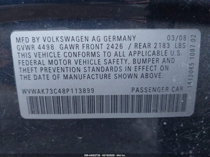 2008 Volkswagen Passat Komfort VIN: WVWAK73C48P113899 Lot: 44382726