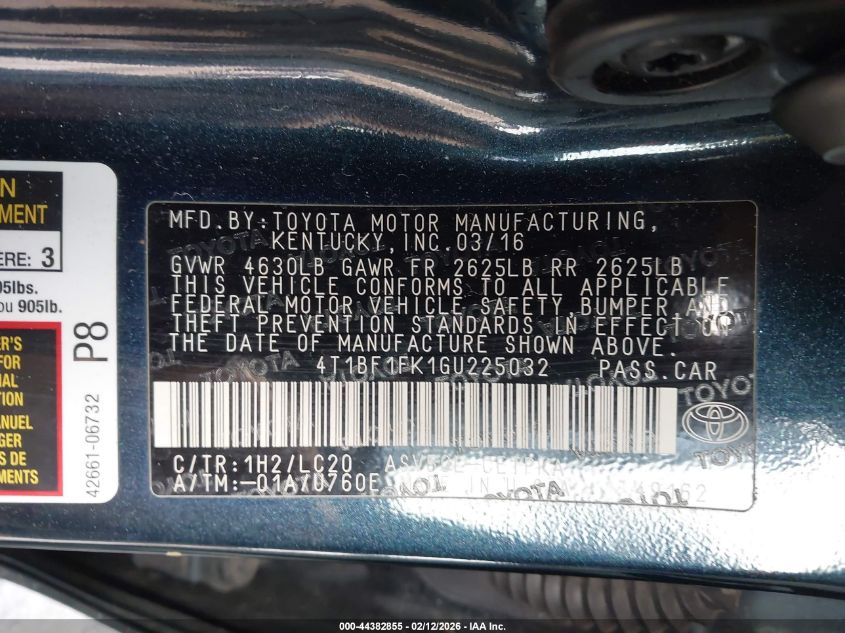 2016 Toyota Camry Xse VIN: 4T1BF1FK1GU225032 Lot: 44382855