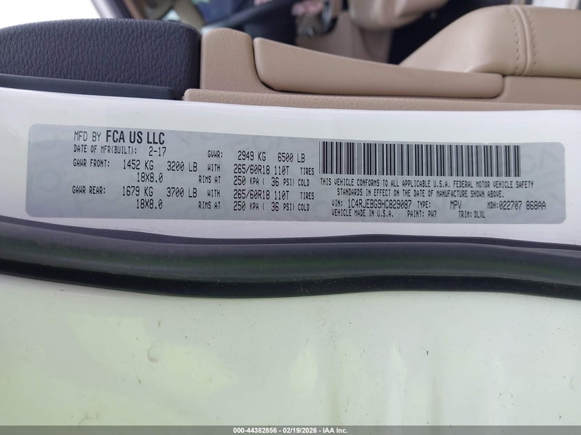 2017 Jeep Grand Cherokee Limited 4X2 VIN: 1C4RJEBG9HC829087 Lot: 44382856