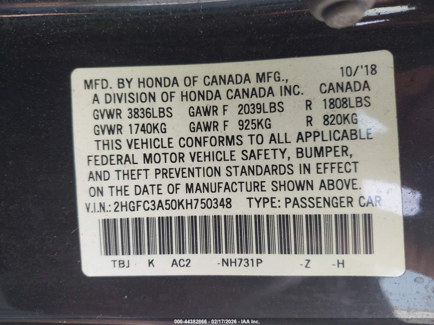VIN 2HGFC3A50KH750348 2019 HONDA CIVIC SI