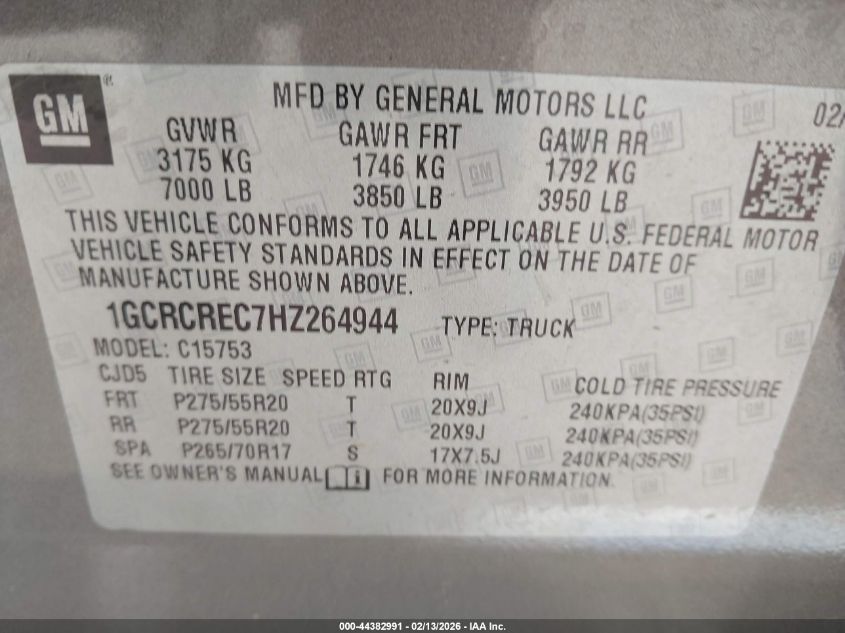 2017 Chevrolet Silverado 1500 1Lt VIN: 1GCRCREC7HZ264944 Lot: 44382991