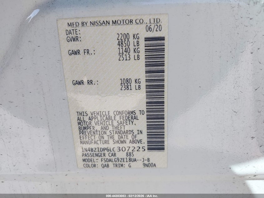 2020 Nissan Leaf Sl Plus 62 Kwh VIN: 1N4BZ1DP6LC307225 Lot: 44383083