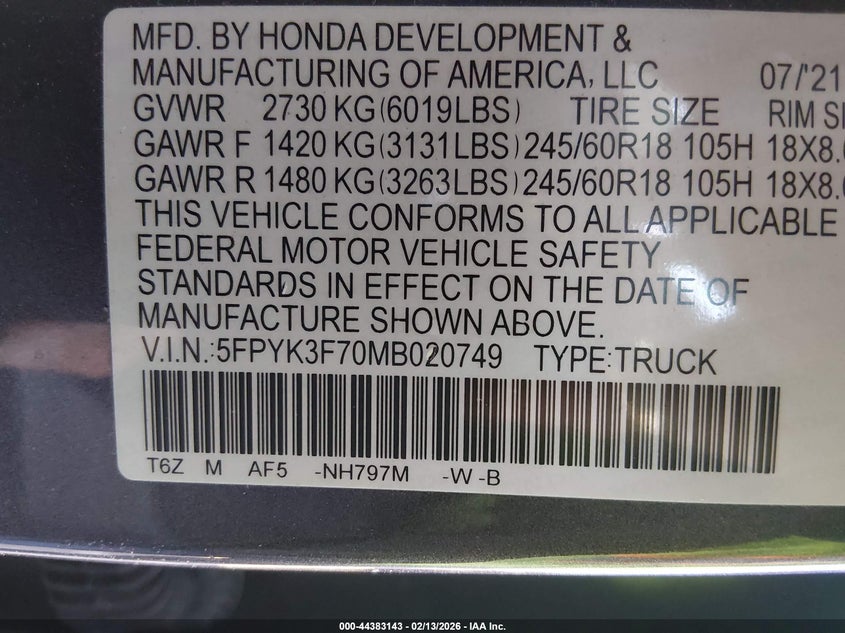 2021 Honda Ridgeline Rtl-E VIN: 5FPYK3F70MB020749 Lot: 44383143