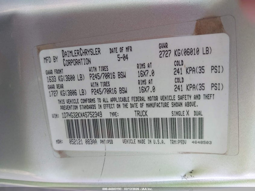 2004 Dodge Dakota Sport VIN: 1D7HG32KX4S752349 Lot: 44383193