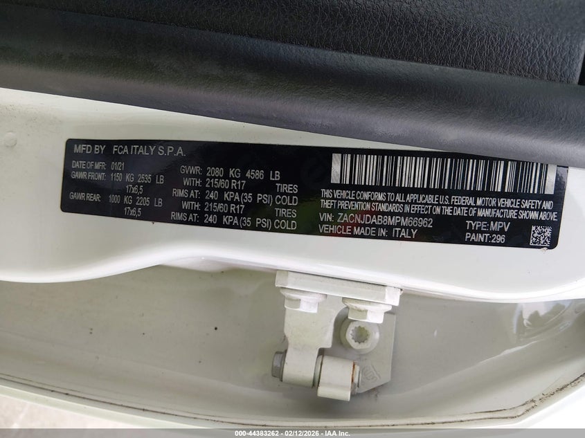 2021 Jeep Renegade Upland 4X4 VIN: ZACNJDAB8MPM66962 Lot: 44383262