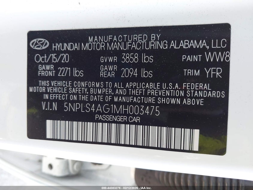 VIN 5NPLS4AG1MH003475 2021 HYUNDAI ELANTRA SEL