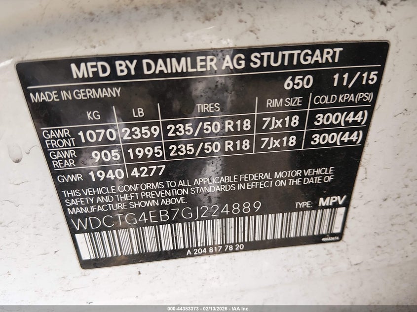 2016 Mercedes-Benz Gla 250 VIN: WDCTG4EB7GJ224889 Lot: 44383373