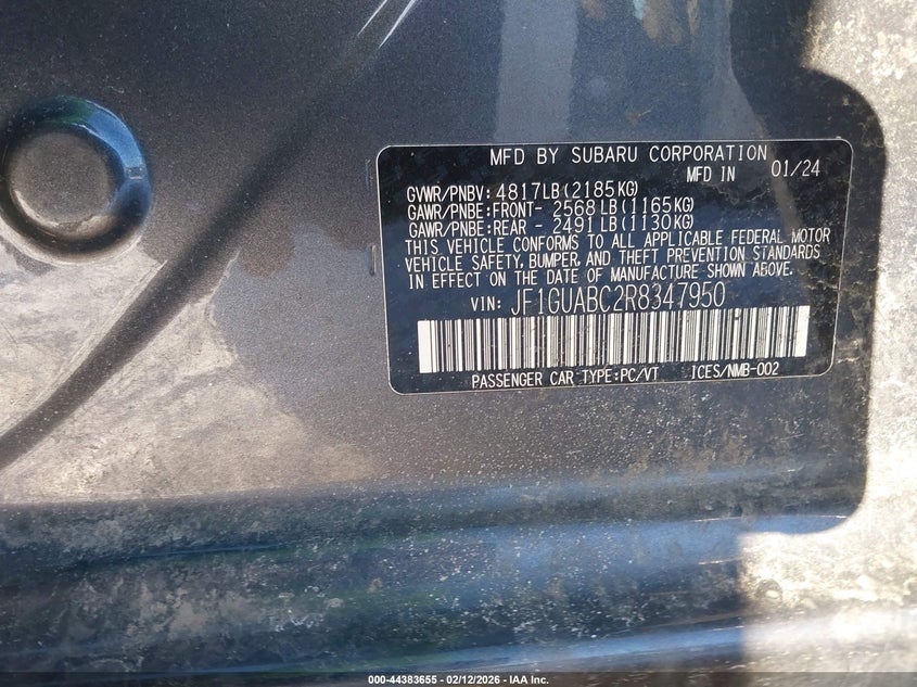 2024 Subaru Impreza Base 5-Door VIN: JF1GUABC2R8347950 Lot: 44383655