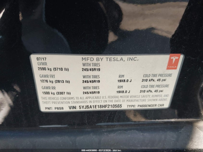2017 Tesla Model S 60/75 VIN: 5YJSA1E18HF210565 Lot: 44383695