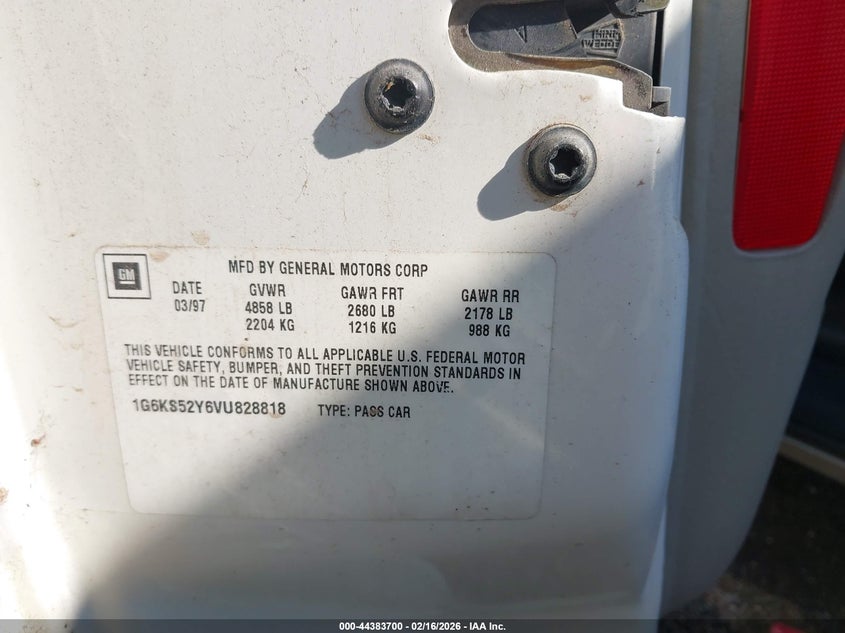 1997 Cadillac Seville Sls VIN: 1G6KS52Y6VU828818 Lot: 44383700