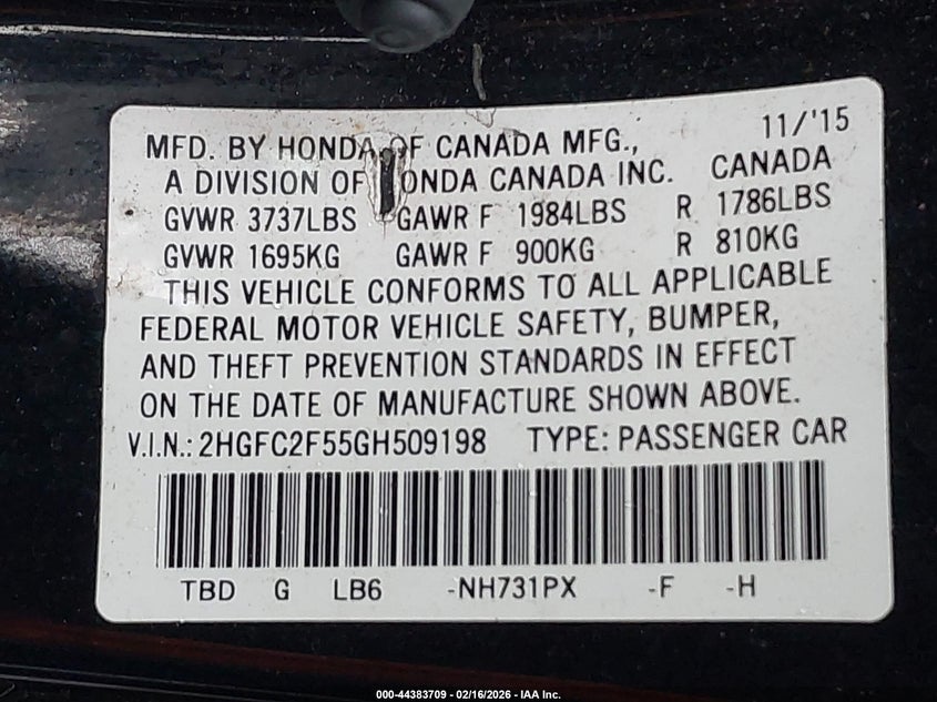 2016 HONDA CIVIC SEDAN 2.0L I-4 DOHC, VVT, 158HP