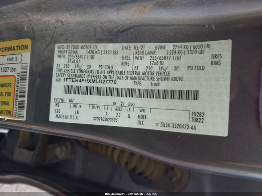 2021 Ford Ranger Xl VIN: 1FTER4FHXMLD27770 Lot: 44383781