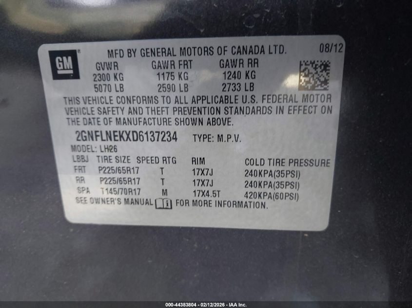 2013 Chevrolet Equinox 2Lt VIN: 2GNFLNEKXD6137234 Lot: 44383804