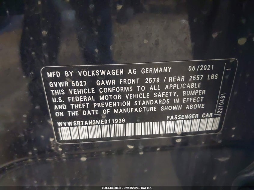 2021 Volkswagen Arteon 2.0T Sel R-Line VIN: WVWSR7AN3ME011939 Lot: 44383838