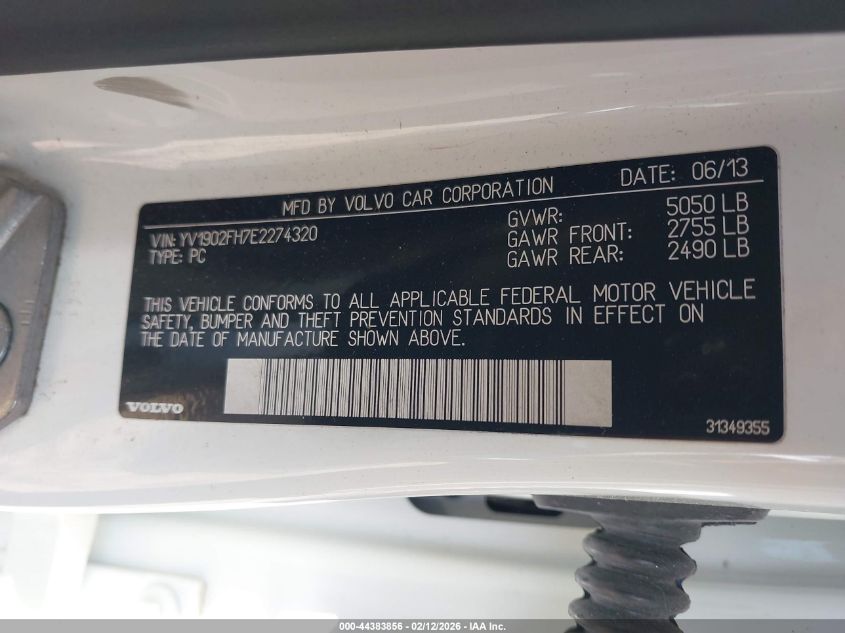 2014 Volvo S60 T6 VIN: YV1902FH7E2274320 Lot: 44383856