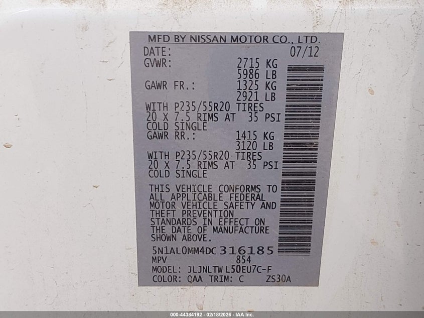 2013 Infiniti Jx35 VIN: 5N1AL0MM4DC316185 Lot: 44384192